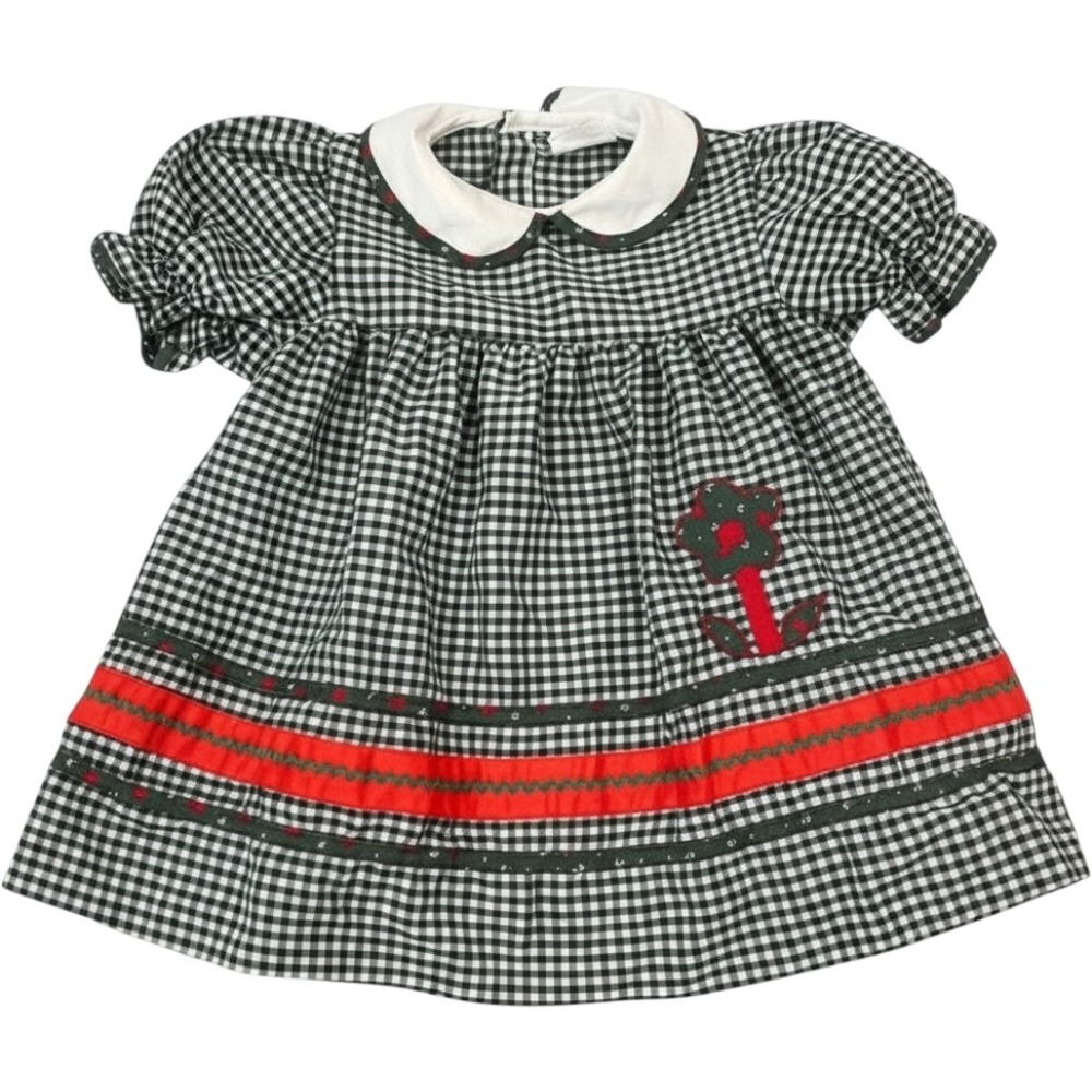 Vintage 80s Cinderella Girls Green Gingham Dress Red Rickrack Floral 3T cottage